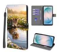 EuoDuo Étui Rabattable pour Motorola Moto G71 Coque Portefeuille Cuir PU Premium Motif Imprimé Animal Housse Magnétique à Rabat Fentes pour Cartes Pochette Case Tigre et Chat