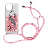 EuoDuo Glitter Liquide Collier Coque Compatible avec Huawei Honor Magic 4 Pro Etui Silicone Transparente Motif Plume Paillettes Flottant Housse Tour de Cou Lanière Rose Filles Femmes