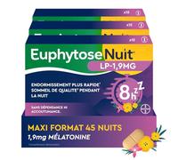 EuphytoseNuit® LP 1,9mg - Complément alimentaire adulte - Mélatonine 1,9mg - Libération prolongée 8H - Valériane : Nuit complète de sommeil - 3 Packs 15 comprimés - 45 Nuits - Fabriqué en France
