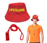 EUPSIIU 2 Pièces Costume de Sauveteur Accessoires de Sauveteur avec Chapeau de Soleil Rouge Sifflet en Plastique, Costume de Carnaval Chapeau per Adultes Homme Femme Déguisement Fête à Thème