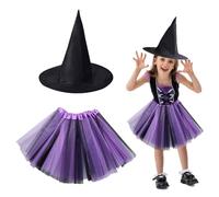 EUPSIIU 2 Pièces Déguisement Sorcière Filles, Ensemble Robe Halloween Enfant avec Tutu et Chapeau, pour Carnaval Cosplay (Noir-Violet)