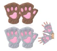 EUPSIIU 2 Pièces Mitaine Femme Chat Patte Gants, Gants sans Doigts d'Hiver Mitaine Chaud Moufle, Moufle en Motif de Cartoon Gants Mignon Gants Polaire, Pour Femme et Fille (Kaki, Gris, Taille Unique)