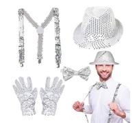 EUPSIIU 4 Pièces Chapeau de Danse Jazz Déguisement, Paillette Accessoire Disco Performance Chapeau Gants Paillettes Bretelles Noeud Papillon, JGA Fête à Thème,Spectacles de Jazz (Argent)