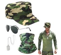 EUPSIIU 4 Pièces Militaire Capitaine de Costume avec Chapeau Camouflage Cache-Cou Lunettes de Soleil Étiquette de Chien, Accessoires de Déguisement Pilote pour Halloween Dress up Fête à Thème (4PCS)