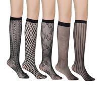 EUPSIIU 5 paires de Mi-bas pour Femme Chaussette,Chaussettes en Résille Mi-Mollet Noires Évidées,Femme Mi-Bas Résille Chaussettes Dentelle, Genou Chaussette Haute Décoratifs,bas femme (Noir)