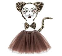 EUPSIIU 5 Pièces Déguisement Animaux Enfant, Tutu Jupe Autocollants Visage Léopard Ensemble de Bandeau d’Oreilles Queue Noeud Papillon Ensemble pou Carnaval Costume Fête Anniversaire (Brun)