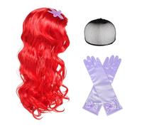 EUPSIIU Déguisement Sirène Perruques et Enfants Princesse Gants, Sirène Costume Accessoires Perruques Sirène Cosplay, Longue Rouge Bouclée Perruque pour Fille Fancy Dress up Fête Halloween (Rouge)
