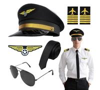 EUPSIIU Ensemble d'accessoires de déguisement de capitaine de pilote de ligne 6 pièces pour Halloween, chapeau d'aviateur, brassard, badge, lunettes à cravate, pour cosplay, fête (noir)