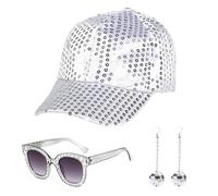 EUPSIIU Lot de 3 accessoires disco des années 70, chapeau disco argenté pour adultes, accessoires disco des années 70 avec chapeau à paillettes, lunettes de soleil, boucles d'oreilles (Lot de 3)