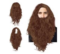 EUPSIIU Perruque avec Barbe,Brun Perruque pour Hommes Femmes Prophète Sadhu Guru Jesus Hipster Viking Barbare Perruque Sorcier Perruque pour Halloween Déguisement Cosplay Perruque Adulte(Marron)