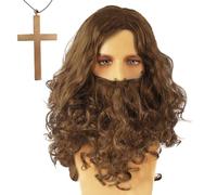 EUPSIIU Perruque avec Barbe Brune et uCollier Croisé, Longue Perruque pour Hommes & Femmes Sorcier Magicien Perruque pour Halloween Carnaval Déguisement Fête Cosplay Perruque Adulte (Marron)