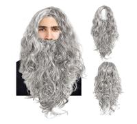 EUPSIIU Perruque avec Barbe Gris Longue Perruque pour Hommes & Femmes Sorcier Magicien Perruque pour Halloween Carnaval Déguisement Fête à Thème Cosplay Perruque Adulte (Gris)