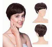 EUPSIIU Perruque Courte Short, Perruque Courte pour Femmes, Pixie Human Hair Wig with Bangs, Perruque Brune, Perruque De Cheveux Humains Lisse avec Frange Naturelle Perruques pour Femmes (Brun）