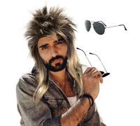 EUPSIIU Perruque Mulet Homme des années 80 Perruque Hippie avec Lunettes de Soleil pour Carnaval Halloween Hippie Deguisement Punk Gothique Rocker Kit Perruque Afro Style Disco 70's(Blonde)