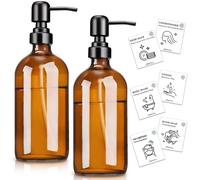 Euqvunn 2 Pack Distributeur de Savon en Verre Ambré, Distributeur de Savon Refillable de 500ml, 6 Étiquettes Étanches Distributeur de Savon Salle de Bain, Distributeur Shampoing et Gel Douche