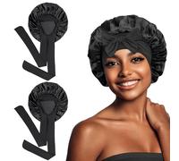 Euqvunn 2Pièces Bonnet Satin Cheveux Nuit, Bonnet en Satin avec 6.2×63 cm Une Bande de Fixation Large, Bonnet de Nuit Femme Adapté pour Protection Cheveux Longs/Raides/Bouclés (Noir)