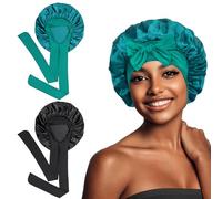 Euqvunn 2Pièces Bonnet Satin Cheveux Nuit, Bonnet en Satin avec 6.2×63 cm Une Bande de Fixation Large, Bonnet de Nuit Femme Adapté pour Protection Cheveux Longs/Raides/Bouclés (Noir Cyan)