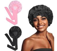 Euqvunn 2Pièces Bonnet Satin Cheveux Nuit, Bonnet en Satin avec 6.2×63 cm Une Bande de Fixation Large, Bonnet de Nuit Femme Adapté pour Protection Cheveux Longs/Raides/Bouclés (Noir Rose)