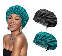Euqvunn 2Pièces Bonnet Satin Cheveux Nuit, Réglable avec Large Bande Élastique Bonnet en Satin, Double Face À Deux Couleurs, Adapté pour Protection Cheveux Longs/Raides/Bouclés (Noir Cyan)