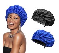 Euqvunn 2Pièces Bonnet Satin Cheveux Nuit, Réglable avec Large Bande Élastique Bonnet en Satin, Double Face À Deux Couleurs, Adapté pour Protection Cheveux Longs/Raides/Bouclés (Noir Bleu)