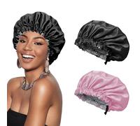 Euqvunn 2Pièces Bonnet Satin Cheveux Nuit, Réglable avec Large Bande Élastique Bonnet en Satin, Double Face À Deux Couleurs, Adapté pour Protection Cheveux Longs/Raides/Bouclés (Noir Rose)