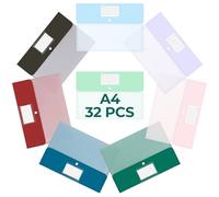 Euqvunn 32 Pièces Pochette Plastique A4, 8 Couleurs - Dossiers Pochette Transparente A4 Imperméables avec Bouton-pression pour Rangement & Organisation au Bureau, à l'École, à la Maison & en Voyage