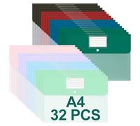 Euqvunn 32 Pièces Pochette Plastique A4, 8 Couleurs - Dossiers Pochette Transparente A4 Imperméables avec Bouton-pression pour Rangement & Organisation au Bureau, à l'École, à la Maison & en Voyage