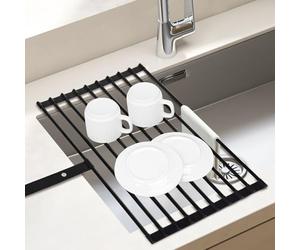 Euqvunn Egouttoir Vaisselle Pliable, Egoutoire Vaisselle Cuisine Amovible, Seche Vaisselle sur Evier, Grand, Rangement et Organisation de Cuisine, Antidérapant avec Sangle, 51x32cm, Noir