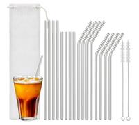 Euqvunn Ensemble de 16 Pailles Inox - 8 Droites & 8 Courbées (Longues & Courtes), Pailles Réutilisables avec 2 Brosses de Nettoyage & Sac, Compatibles Lave-Vaisselle