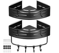 Euqvunn Etagere Angle Salle de Bain, 2 Pièces Antirouille et Imperméable Etagere Salle Angle de Bain, Accessoire Salle De Bain avec 8 Tortable Crochets (Noir)