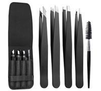 Euqvunn Lot de 5 Pinces à Épiler Sourcils Acier Inoxydable Kit Précision Épilation avec Revêtement Antidérapant Brosse et Pochette de Voyage Femme Homme Noir