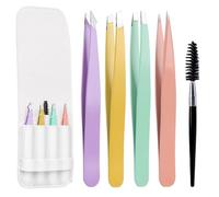 Euqvunn Lot de 5 Pinces à Épiler Sourcils Professionnelles Acier Inox Kit Épilation Précision avec Brosse et Pochette de Voyage Femme - Couleurs Macaron