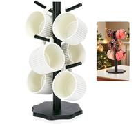 Euqvunn Porte-Gobelet à Café avec 6 Crochets, Arbre Porte-Gobelet, Porte-Tasses Bois Arbre Tasse à Café avec Base Épaissie, Support de Tasse Mug, Support à Bretzel, Porte Tasse à Café(Noir)