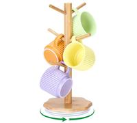 Euqvunn Porte-tasses pivotant à 360°, Support Tasse à Café en bois pour plans de travail, Support Tasse à base pétale épaissie, Arbre à tasse pour bar à café, Mug Tree avec 6 crochets-Noir-Bois