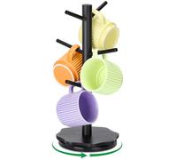 Euqvunn Porte-tasses pivotant à 360°, Support Tasse à Café en bois pour plans de travail, Support Tasse à base pétale épaissie, Arbre à tasse pour bar à café, Mug Tree avec 6 crochets-Noir