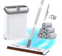 Euqvunn serpillère et Seau essoreur, Balai serpillère à Usage pour Le Nettoyage Sol avec 6 tampons en Microfibre, Seau de Lavage et d' essoreur, grattoir, Support de serpillère - 40 x 12 x 135 cm