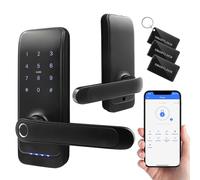 EURA ELH-01H4 Serrure de porte intelligente avec poignée, serrure à code, lecteur de proximité 13,56 MHz, lecteur biométrique, application TTLock/TTHotel, IP65, espacement universel des verrous, noir