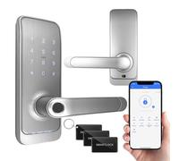 EURA ELH-01H4 Serrure de porte intelligente avec poignée, serrure à code, lecteur de proximité 13,56 MHz, lecteur biométrique, application TTLock/TTHotel, IP65, espacement universel des verrous, blanc