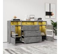 EURHCIO Buffet Cuisine 140x33.5x72.5cm,Commode Chambre,Buffet Salle a Manger avec Éclairage LED Réglable,3 Grands Tiroirs,2 Armoires,3 Étagères Ouvertes,pour Chambre Salon(C-Gris)