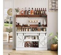 EURHCIO Buffet Cuisine 40x120x130cm,Meuble Bar,Rangement Cuisine,Buffet Salle a Manger avec Porte-Verres à Vin,6 Crochets en Forme de S,Ports AC/USB,2 Portes Coulissantes,étagères(A-Blanc)