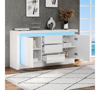 EURHCIO Buffet Cuisine Brillants 140x35x72,Commode Chambre,Buffet Salle a Manger avec Éclairage LED Réglable,3 Tiroirs,Étagères Réglable,2 Armoires,pour Salon(K-Blanc)