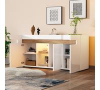 EURHCIO Buffet Cuisine Brillants 140x40x70cm,Rangement Cuisine,Buffet Salle a Manger avec Éclairage LED Réglable,3 Portes,Étagères Réglable/Ouvertes,pour Chambre Salon (G-Blanc)