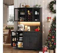 EURHCIO Buffet Cuisine Haut 40x105x185cm,Buffet Salle a Manger avec Éclairage Réglable,9 Porte-Bouteilles,4 Armoires,Grand Tiroir,Étagères Réglables/à Épices,Prises,pour Salon (Noir)