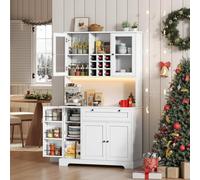 EURHCIO Buffet Cuisine Haut 40x105x185cm,Buffet Salle a Manger avec Éclairage Réglable,9 Porte-Bouteilles,4 Armoires,Grand Tiroir,Étagères Réglables/à Épices,Prises,pour Salon (Blanc)
