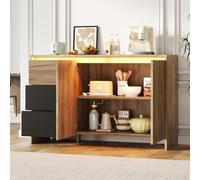 EURHCIO Buffet Cuisine Salon 120x76x40cm,Commode Chambre,Buffet Salle a Manger avec Éclairage LED Réglable,3 Grands Tiroirs,Étagères Réglables,2 Portes,pour Salon Chambre(Naturel 2)