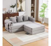 EURHCIO Canapé 2 Places en Velours côtelé avec Pouf,Canapé Lit Convertible Multifonctionnel Moderne,Poches Latérales et 3 Coussins,DIY Libre,pour Salon,Chambre,Bureau (Gris Clair-L+A)