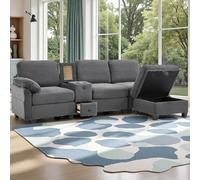 EURHCIO Canapé 3 Places avec Pouf de Rangement,Canapé d'angle Modulable,Tissu Velours Côtelé,avec Porte-Gobelets,Espace de Rangement,Port USB Type-C (Gris foncé)