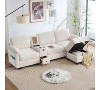 EURHCIO Canapé 3 Places avec Pouf de Rangement,Canapé d'angle Modulable,Tissu Velours Côtelé,avec Porte-Gobelets,Espace de Rangement,Port USB Type-C (Beige)