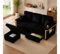 EURHCIO canape 3 Places avec Repose Pied Rangement,canapé d'angle modulable avec 2 Tiroirs,Porte-gobelets et Poches latérales,Tissu Velours Côtelé,pour Salon Chambre ou Bureau (Noir-A)