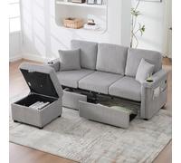 EURHCIO canape 3 Places avec Repose Pied Rangement,canapé d'angle modulable avec 2 Tiroirs,Porte-gobelets et Poches latérales,Tissu Velours Côtelé,pour Salon Chambre ou Bureau (Gris Clair-A)